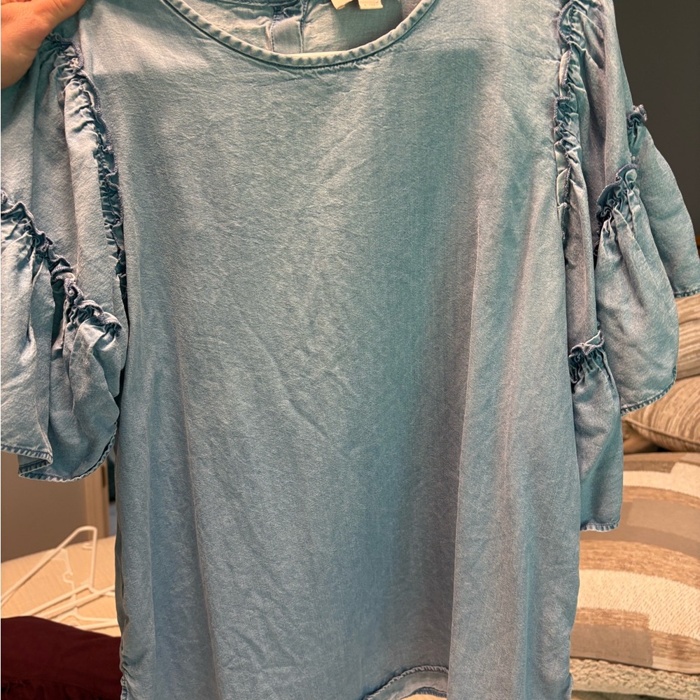 LOFT Sky Blue Ruffle Sleeve Blouse